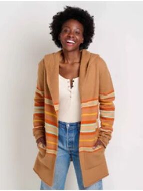 Toad&Co Merino Heartfelt Hoodie with Orange, Yellow and Cream Stripes